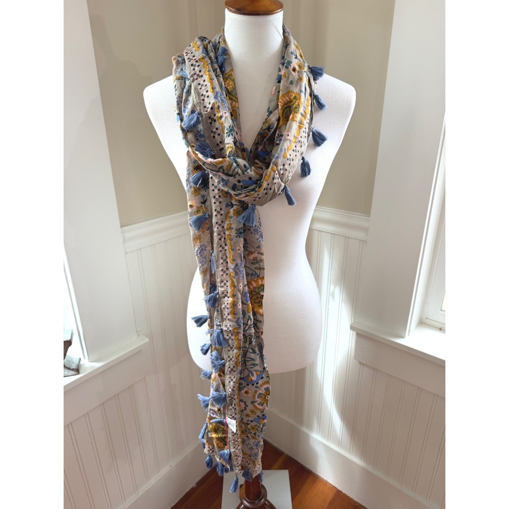 Natural Life Floral Tassel Scarf Boho Lightweight Rayon Wrap Tan Blue NEW